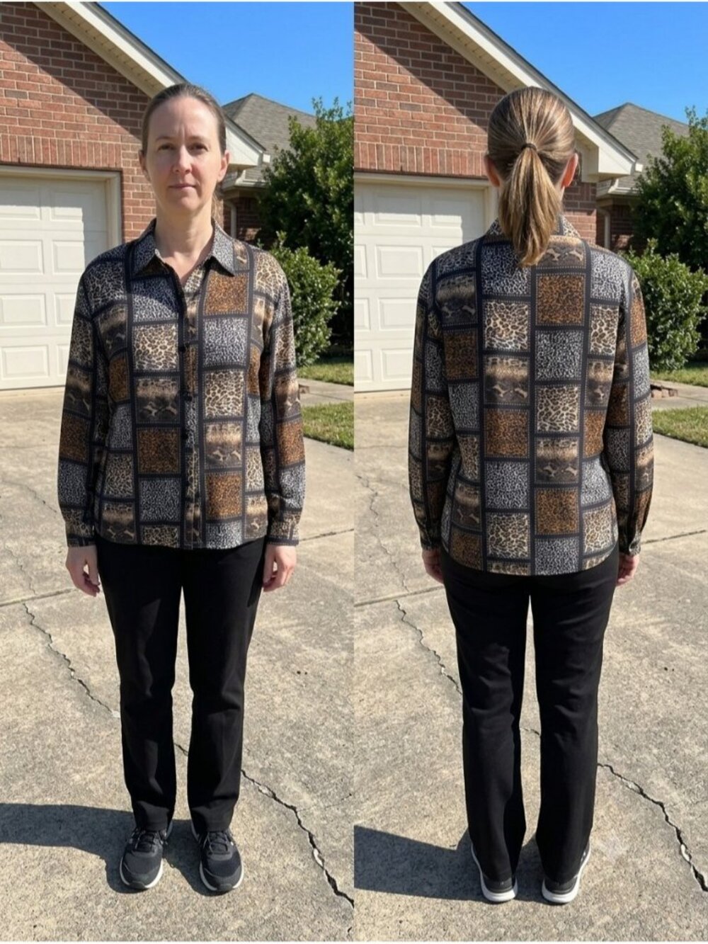 Vtg Silkland 100% Pure Silk Blouse Leopard Animal Print Patchwork Button Up PS